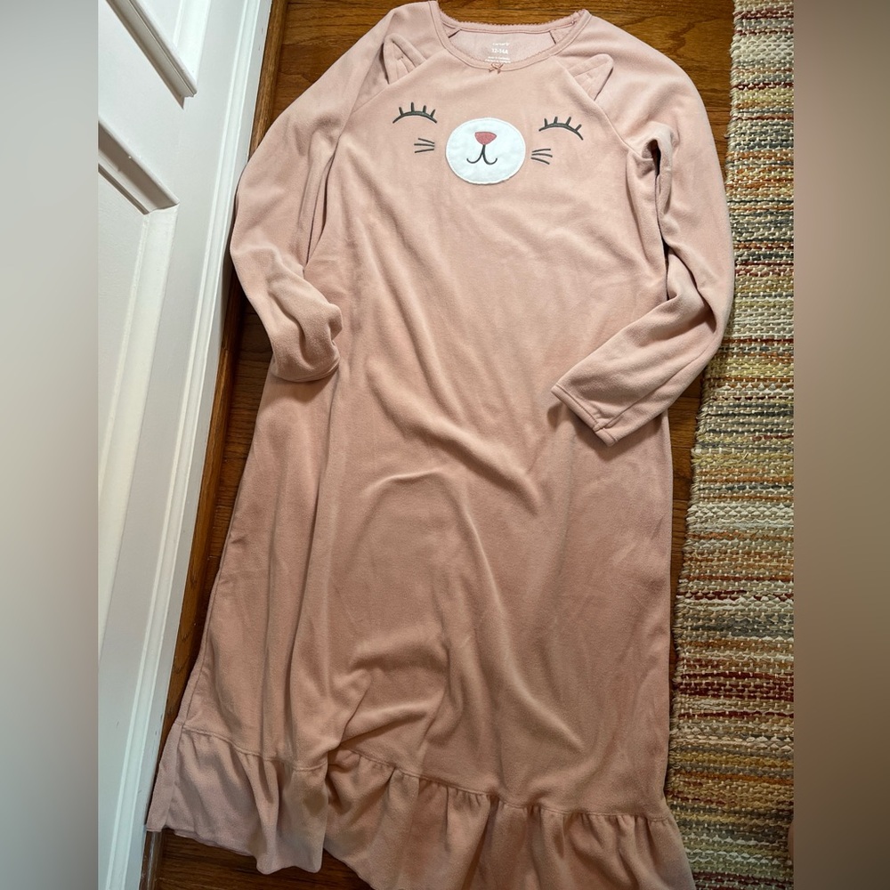 Carters Fleece Cat Face Longsleeve Nightgown Pink Size 12-14